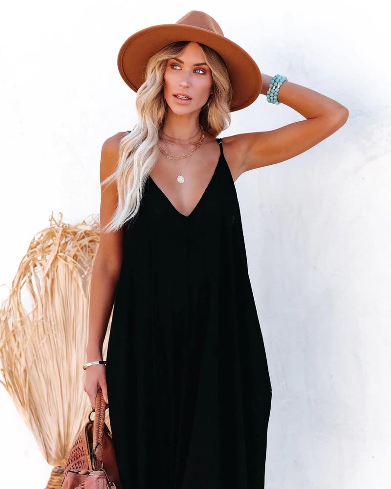 Poetsky Women's Loose Beach Dresses Casual Flowy Pockets Maxi Dress (M, Black) - Image 5